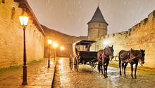 Nocturnal Nostalgia: Medieval Village With Carriage And Oil Lamps