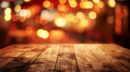 Aufkleber - Festive bokeh light backdrop on an empty wood table surface for product display