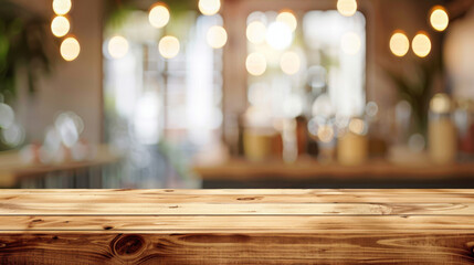 Aufkleber - Ideal product display in a cozy ambiance: empty wooden surface with a bokeh of lights