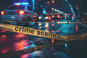 A night shot of a crime scene with yellow police tape foreground and blurred police car and city lights