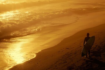 Wall Mural - The setting sun bathes the ocean in golden light as a lone surfer contemplates the waves