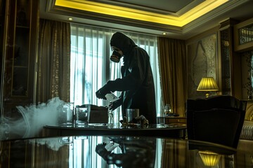 Leinwandbilder - A hooded figure interacts with lab equipment, creating an ambiance of intrigue and scientific discovery