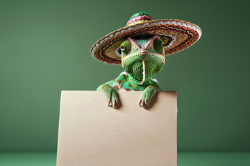 Sticker - a chameleon holding a blank sign dressed in mexican sombrero hat and clothing