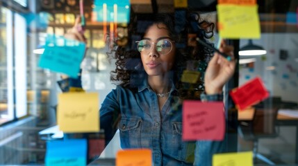 Wall Mural - A woman with glasses looking at a glass window covered in post it notes. Generative AI.