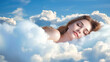 Image montage of a woman in nightwear sleeping on clouds