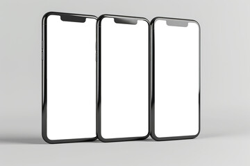 Set of smartphones with white blank screens mockup on light grey background. Three smartphones business infographic mockups of web site or design app.