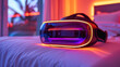 VR virtual reality headset isolated on neon background. Neon colors. Close-up concept product shot.