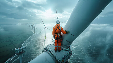 portrait of a engineer onshore wind farm at a rainy day