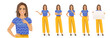 Beautiful business woman wearing bright clothes in different poses set. Various gestures pointing, showing, standing, holding empty blank board isolated vector illustration