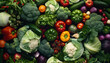 overhead view of a diverse arrangement of fresh organic vegetable