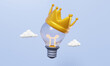 Intelligence leadership light bulb with crown and cloud on pastel background. creativity technology innovation new idea. imagination design vision successful. 3D render illustration