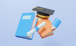 Notebook graduation cap diploma graduation certificate floating on pastel background. Quality courses exam educational warranty knowledge document assurance guarantee. 3d rendering