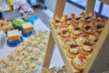 Wall Mural - light snacks for the holiday, catering. Various light snacks. Catering plate. Assortment of sandwiches on the buffet table. meat, fish, vegetable canapes.