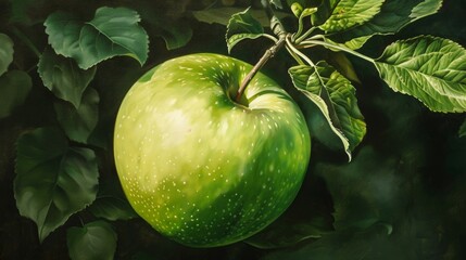 Poster - Green apple with leaves branch painting