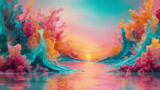 Fototapeta  - Abstract compositions featuring layers of translucent liquid in luminous shades like aquamarine, turquoise, citrine yellow, and coral pink, gently blending against background ULTRA HD 8K