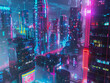 Cityscape with neon lights and buildings in background futuristic and vibrant atmosphere