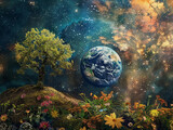Fototapeta Sport - Green tree is growing on hill next to a planet, a lot of stars in sky. Earth Day concept