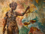 Fototapeta Sport - Statue of justice Justitia, goddess of justice with closed eyes the holding in hands metal scales of justice