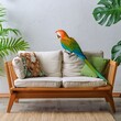perroquet sur le dossier d'un canapé  dans un salon en ia