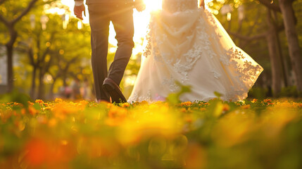 detail asian bride and groom on day sorrounded of flowers 