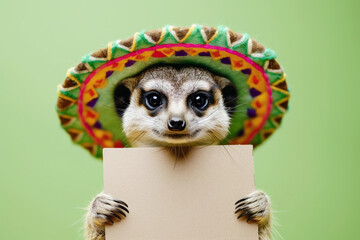 Poster - Meerkat wearing a mexican sombrero hat holding a blank notice sign