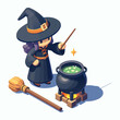 Isometric cute witch making potions in a cauldron, halloween character design isolated on white background, adorable halloween clip-art, vector illustration.
