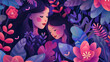Two young beautiful women with long dark hair, closed eyes lying in the flowers.