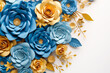 Blue Andgolden Paper Flowers In Various Sizes On light Background