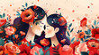 Two young women with dark hair and red flowers in a touching moment