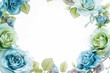 Wreath with blue green roses in watercolor, white background and copy space
