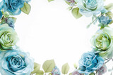 Fototapeta Pokój dzieciecy - Wreath with blue green roses in watercolor, white background and copy space