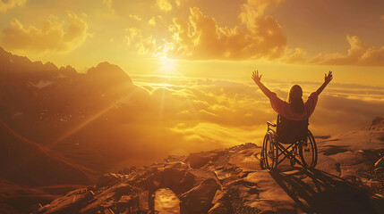 Poster - a person in a wheelchair, facing a stunning sunset. The individual raises both arms triumphantly, situated on rocky terrain