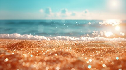 Sea wave and sand beach with bokeh sun light abstract background