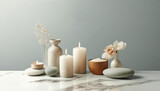Fototapeta  - Neutral-toned candles and pottery on marble, a peaceful spa setting.