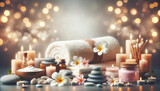 Fototapeta  - Warm candles, plush towels, and flowers create a cozy spa setting.