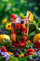 Wall Mural - Berry lemonade cocktail with tropical fruits on the background of green grass and garden or forest. Vacation summer concept.