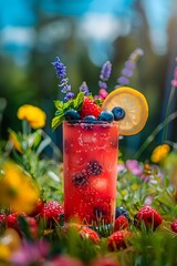 Wall Mural - Berry lemonade cocktail with tropical fruits on the background of green grass and garden or forest. Vacation summer concept.