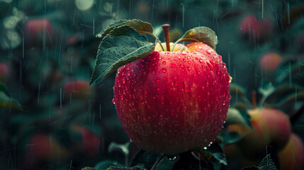 Wall Mural - Perfect beautiful ripe red apple fruit growing on tree in orchard, rain from the sky their impact creating symphonies upon the earth.