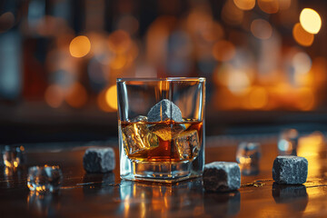 Glass of whiskey with whiskey stones on bar counter on blurred background