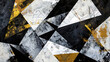 This captivating abstract artwork features intersecting geometric shapes in black, white, and shades of grey, accentuated by touches of golden yellow