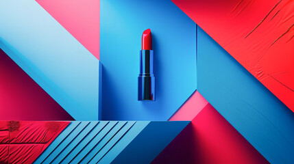 Wall Mural - Red Lipstick in Silver Packaging on Abstract Colorful Paper Background