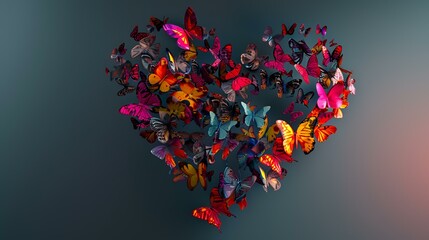 Wall Mural - Colorful butterflies flying in the shape of a heart. 3d rendering