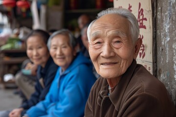 Wall Mural - Portrait of an old asian man with his family in the background