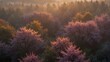 A misty forest at sunrise, the trees tinted in soft shades of pink, purple, and gold ai_generative