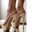 A close-up shot of a woman's feet in sexy platform high-heel sandals