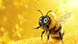 3d photo of a funny bee cartoon wallpaper over yellow backdrop.