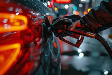 Wall Mural - Person filling up car with gasoline at the fuel station to ensure top performance and efficiency.