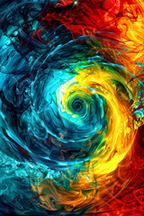 Abstract red blue yellow green bright swirling art, dynamic flow psychedelic twirl wallpaper, vibrant background