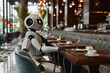 robot works as a waiter in the modern nice cafe, blurred background. Artificial intelect in future life. AI Generated	