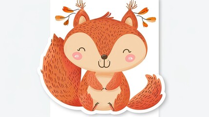 Wall Mural - cartoon, red squirrel with tassels on ears, sticker, puffed up cheeks, white background, high quality, minimalism